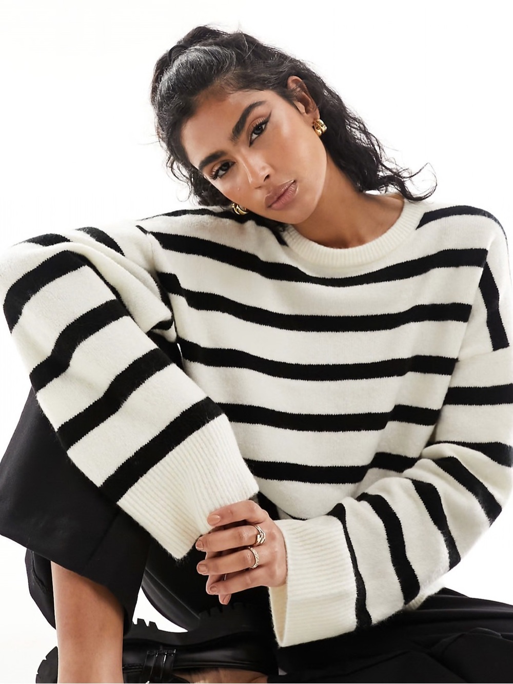 ASOS Black and Cream Striped Crewneck Sweater